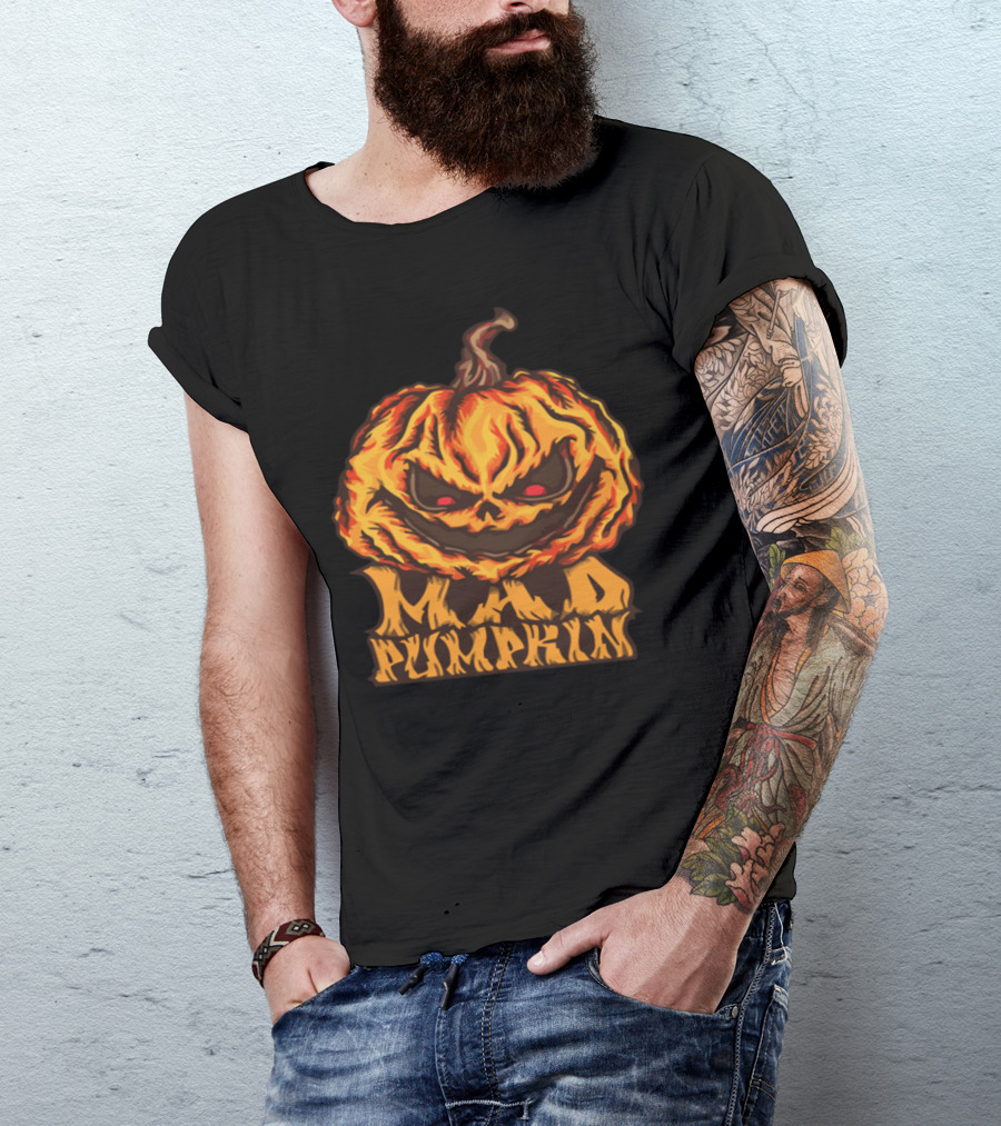 Mad Grinning Halloween Pumpkin With Fiery Eyes And Text T-Shirt