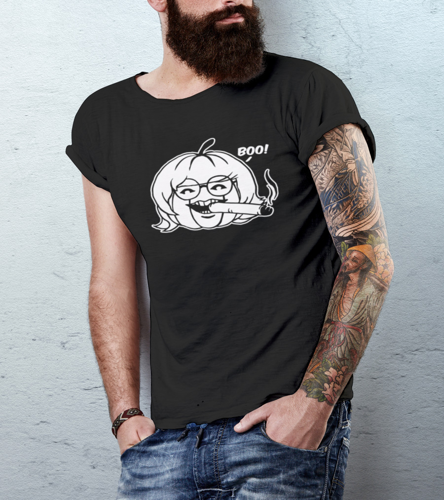 Pumpkin With Glasses Smoking Cigar Saying Boo T-Shirt