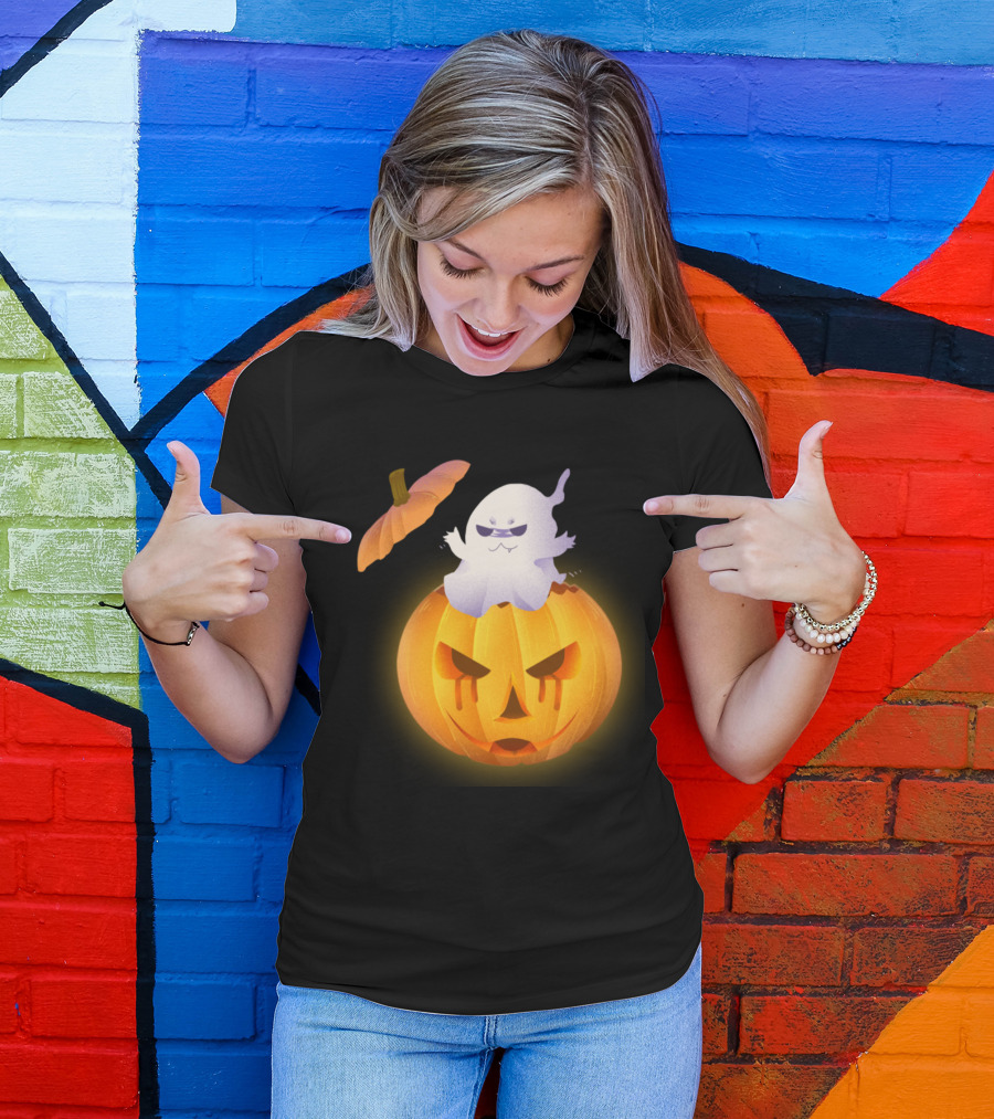Ghost With Sunglasses Popping Out Of Carved Pumpkin T-Shirt