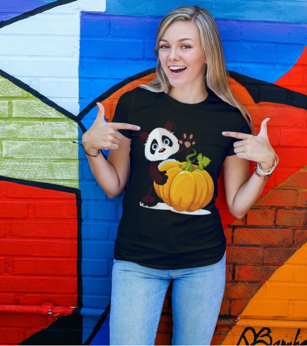 Cute Little Panda Waving Behind A Big Pumpkin T-Shirt
