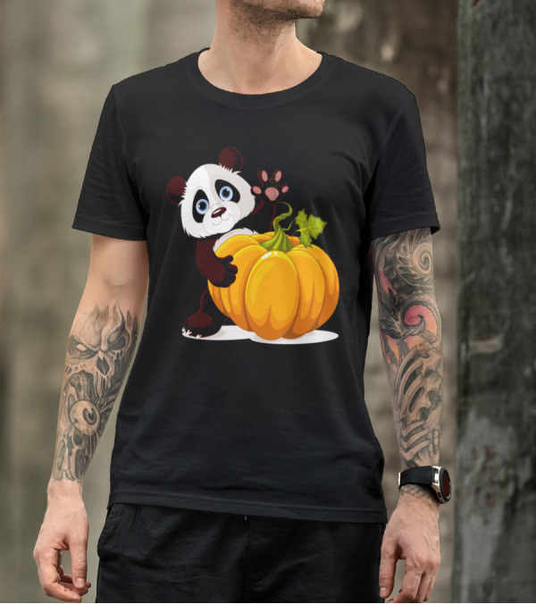 Cute Little Panda Waving Behind A Big Pumpkin T-Shirt