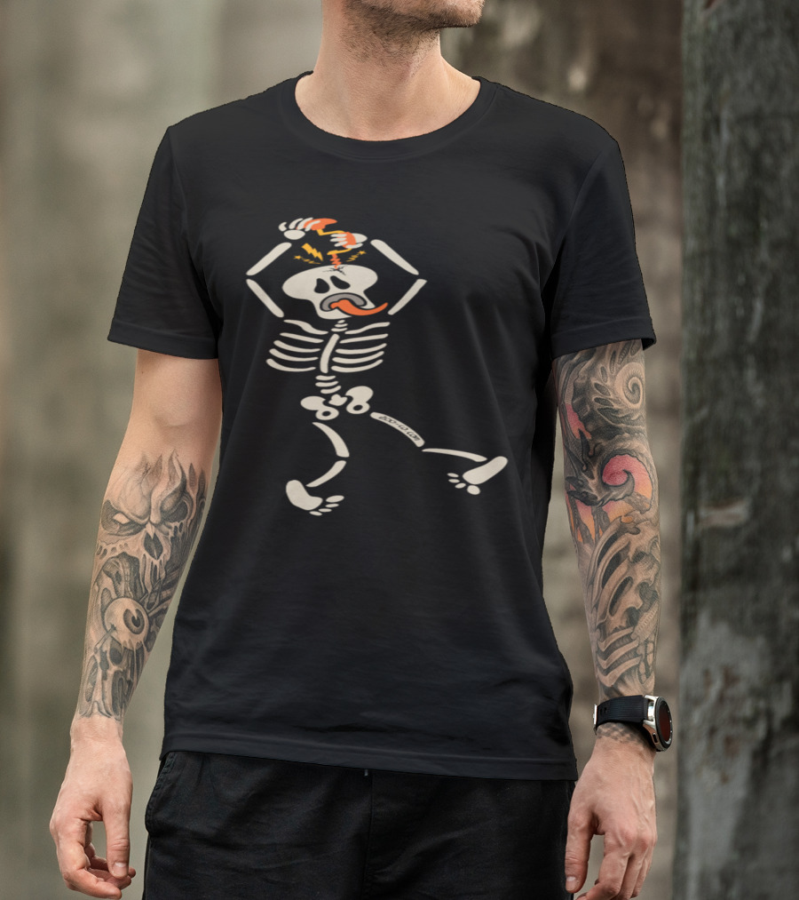 Skeleton Drilling Own Skull With Hand Drill And Sad Expression T-Shirt