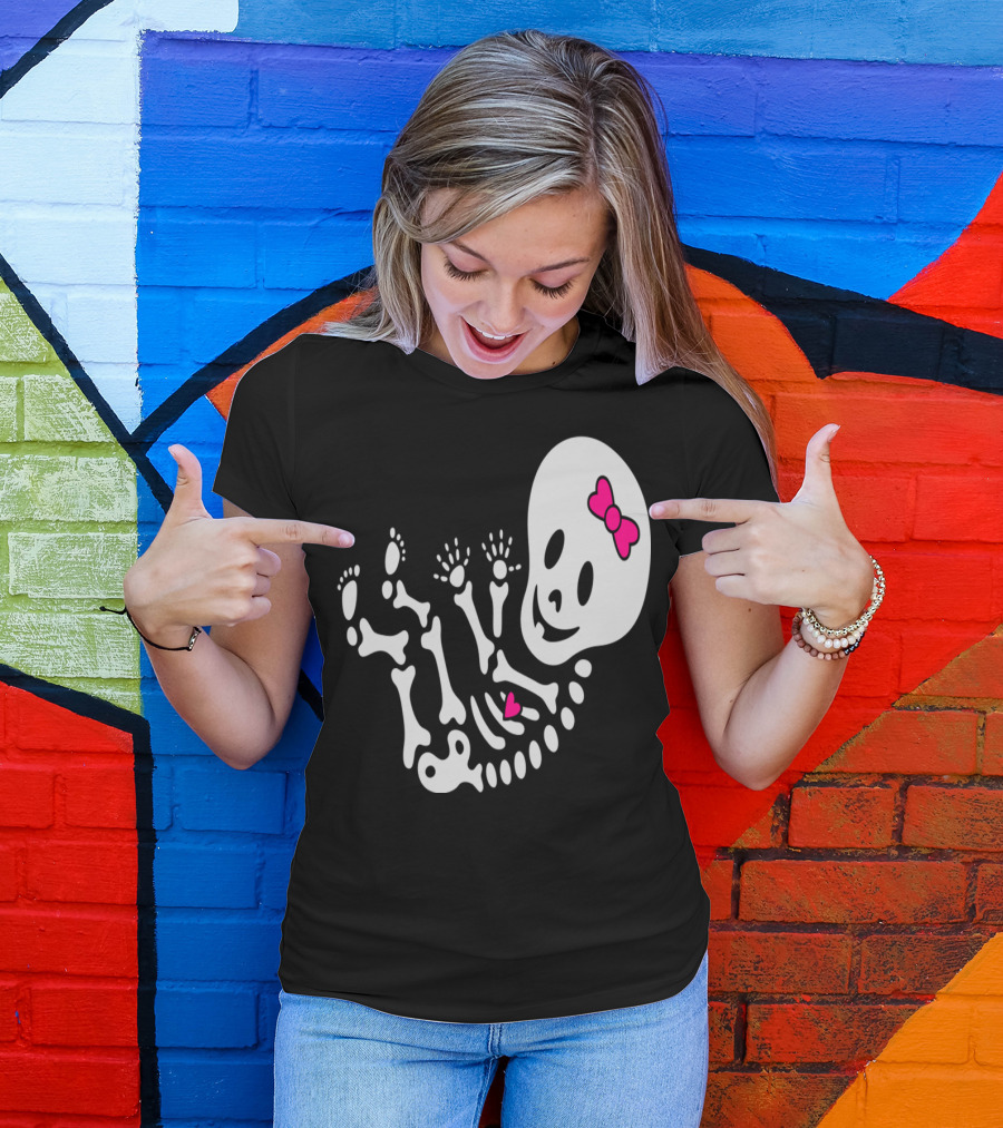 Maternity Girl Skeleton Baby With Pink Bow And Heart T-Shirt