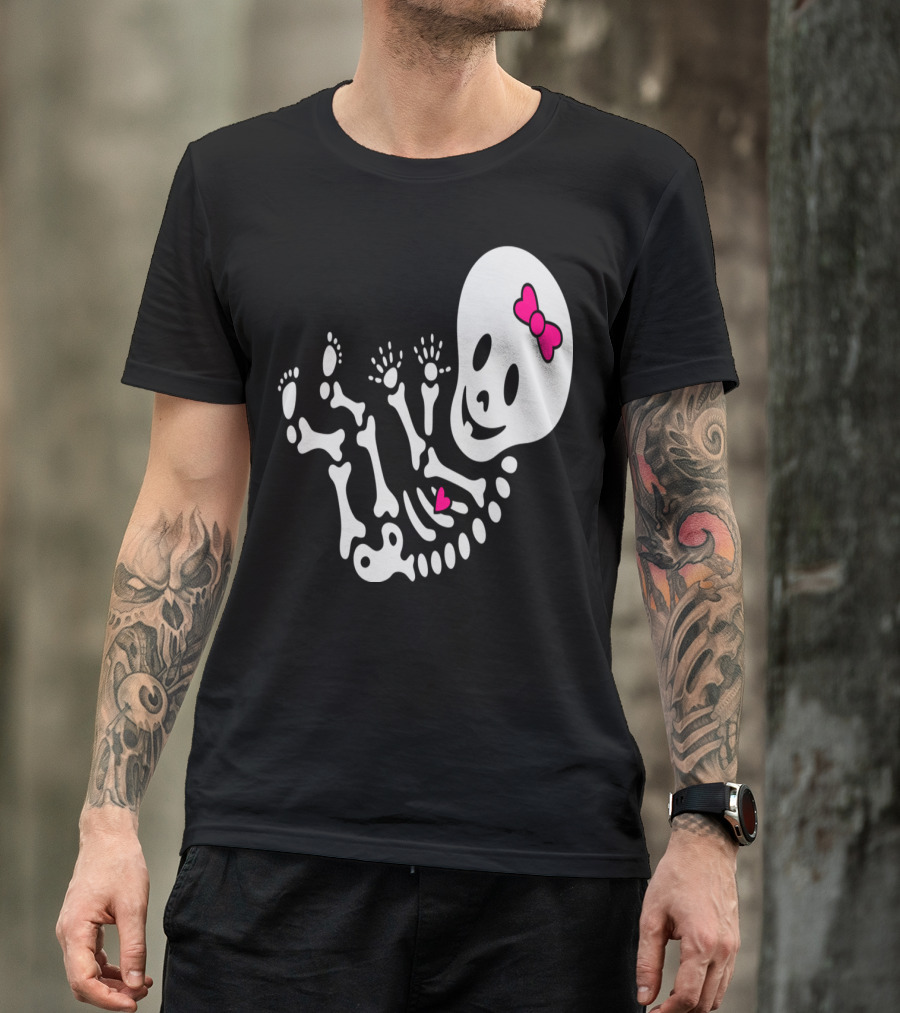 Maternity Girl Skeleton Baby With Pink Bow And Heart T-Shirt