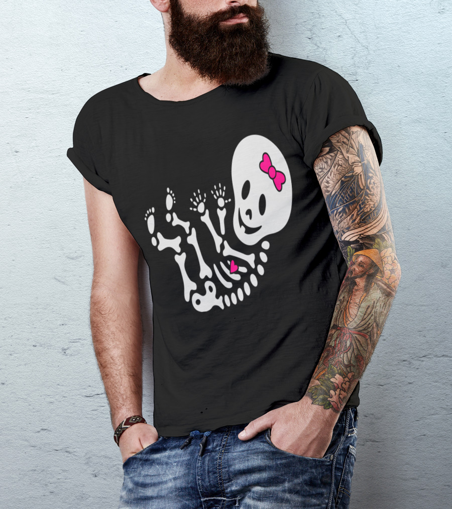Maternity Girl Skeleton Baby With Pink Bow And Heart T-Shirt