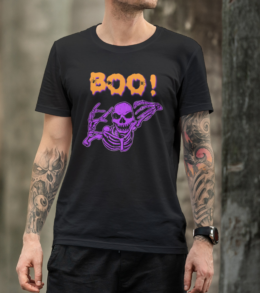 Boo Creepy Skeleton With Spiders Halloween Holiday T-Shirt