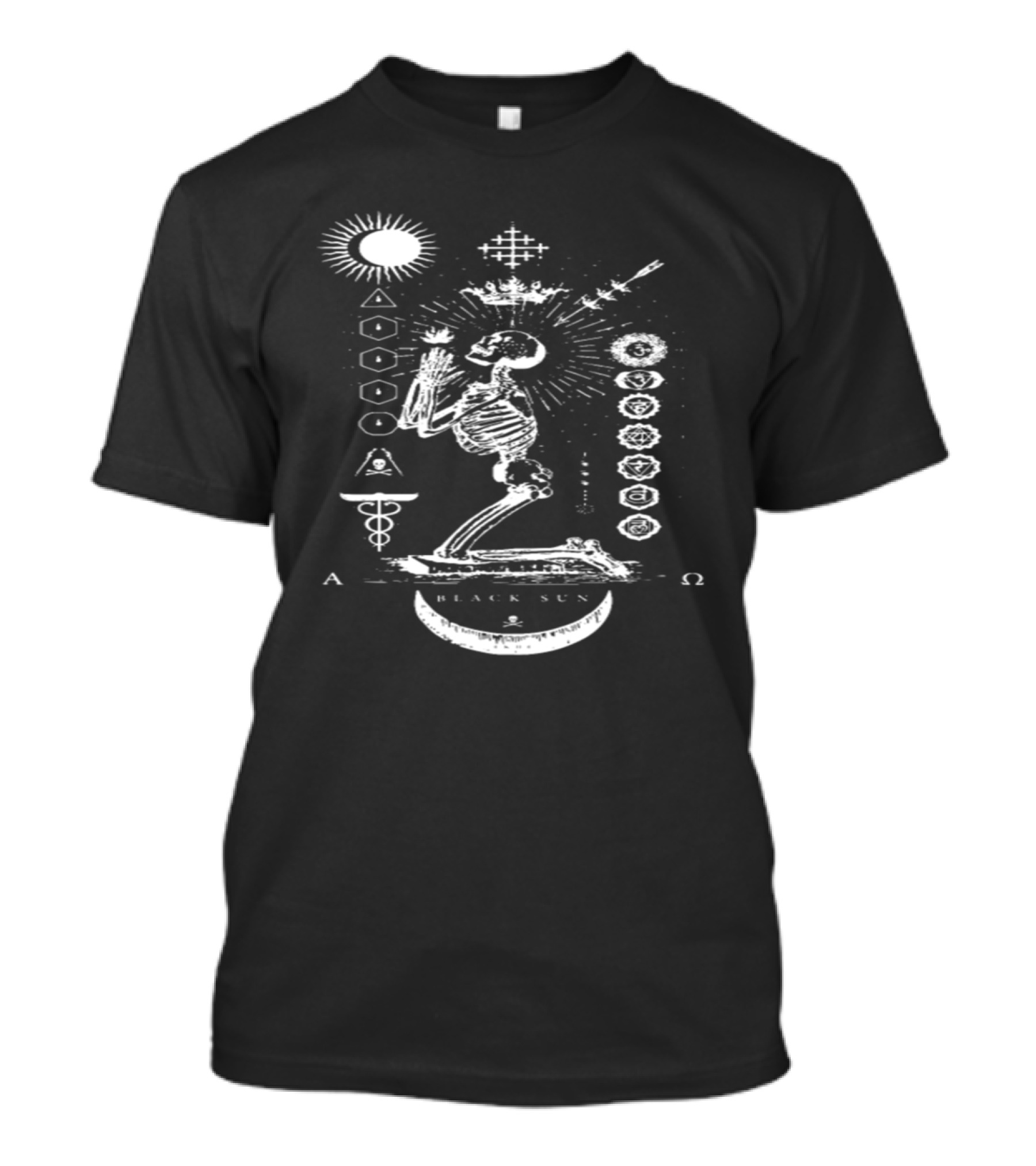 BLACK SUN Praying Skeleton Occult Symbols And Geometry T-Shirt