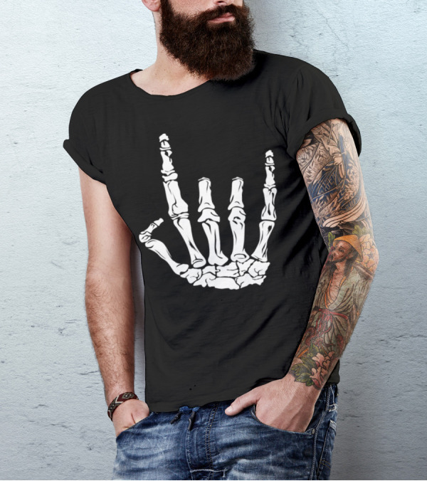 Skeleton Rock Hand Gesture Heavy Metal Fans Novelty T-Shirt