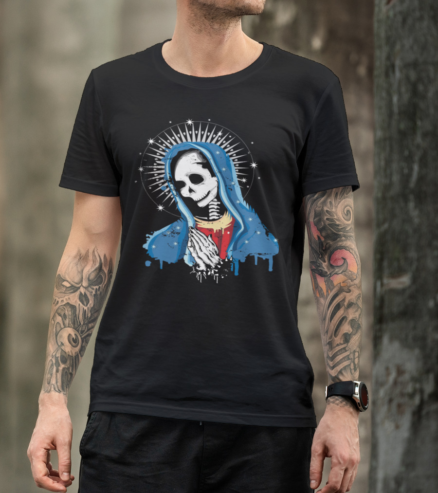Virgin Mary Skeleton Prays With Radiant Halo T-Shirt