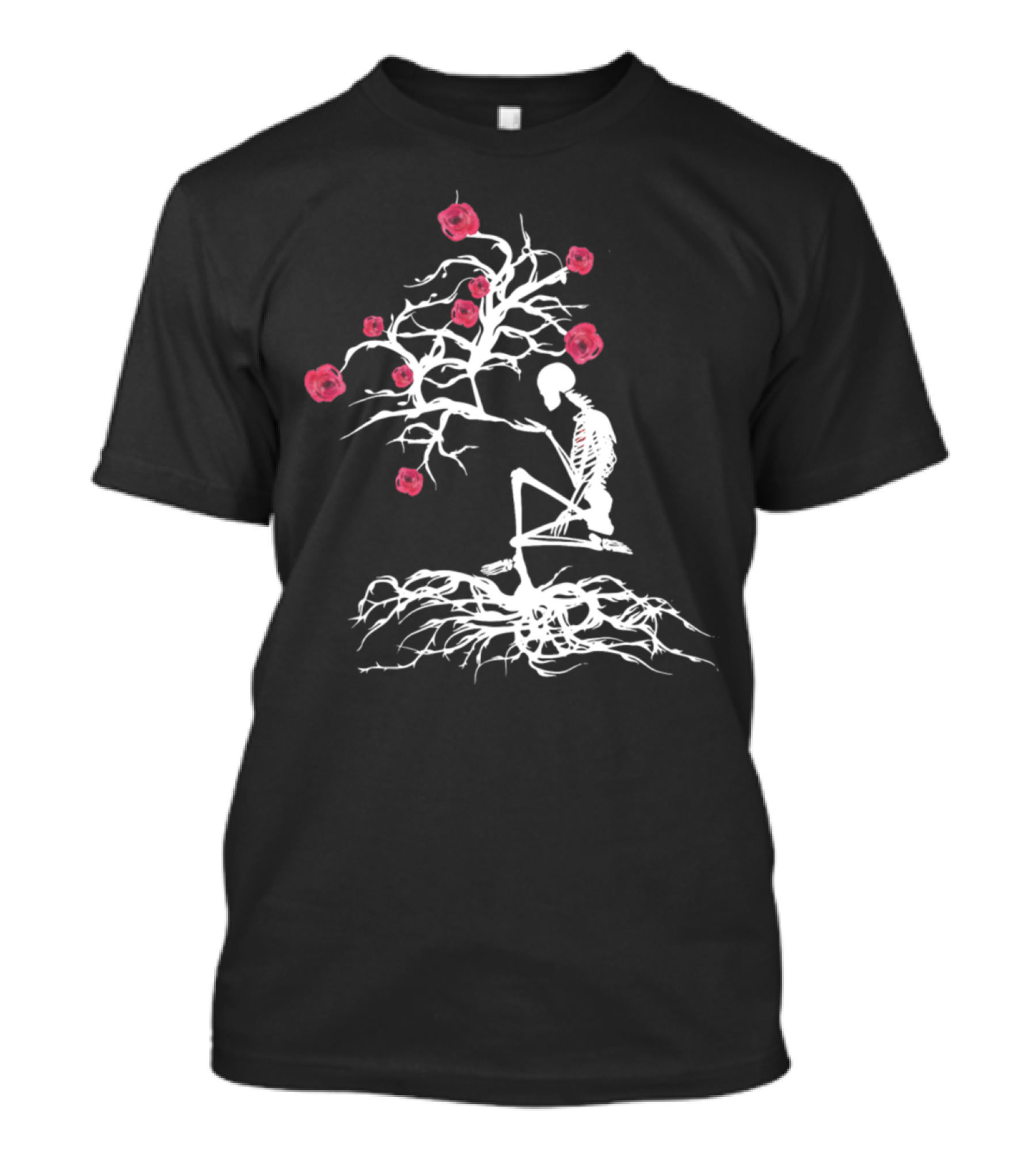 Skeleton Tree Of Life With Blossoming Roses In White T-Shirt