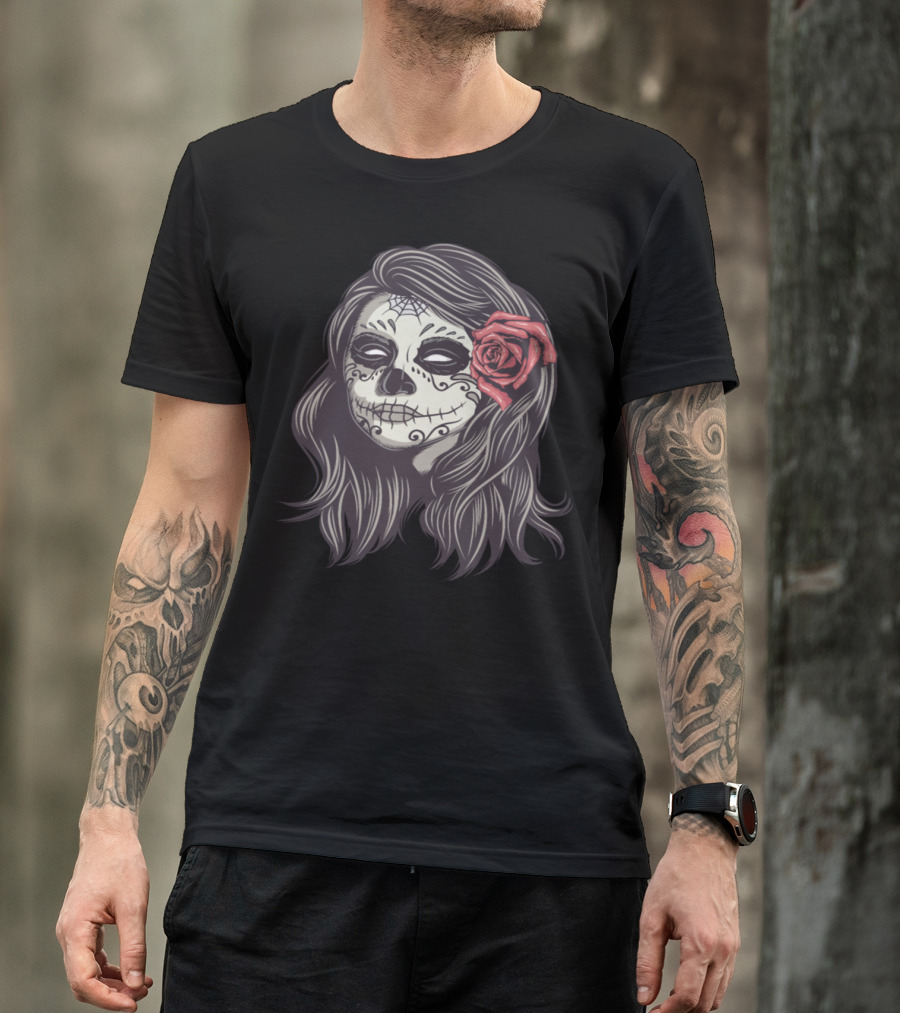 Mexican Girl Sugar Skull Day Of The Dead Rose T-Shirt
