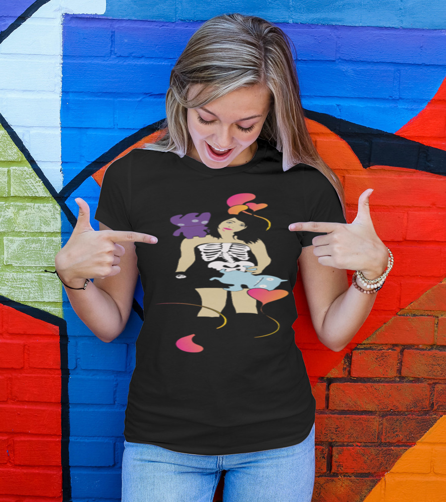 Emo Girl Skeleton Dress Cute Monsters Hearts Balloons T-Shirt