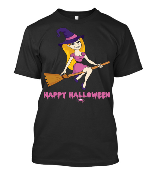 Happy Halloween Witch Riding Broomstick Cartoon T-Shirt