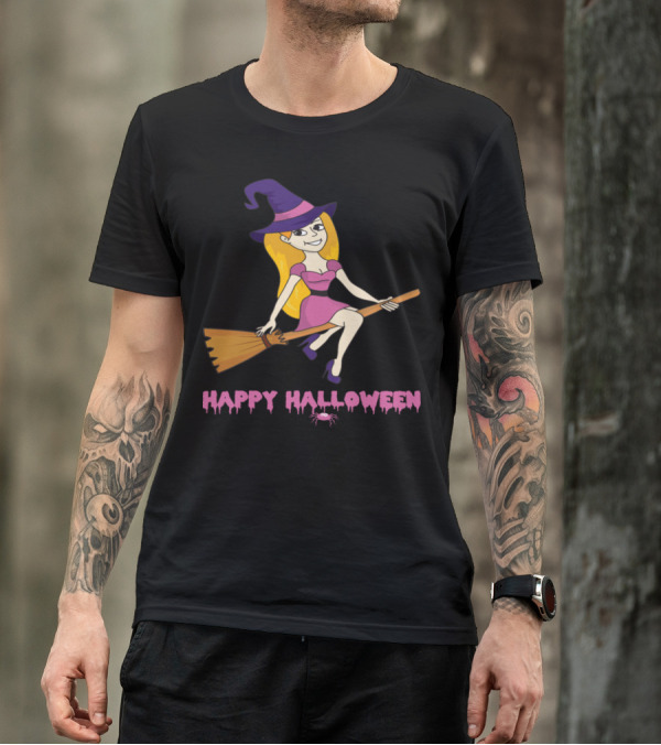 Happy Halloween Witch Riding Broomstick Cartoon T-Shirt