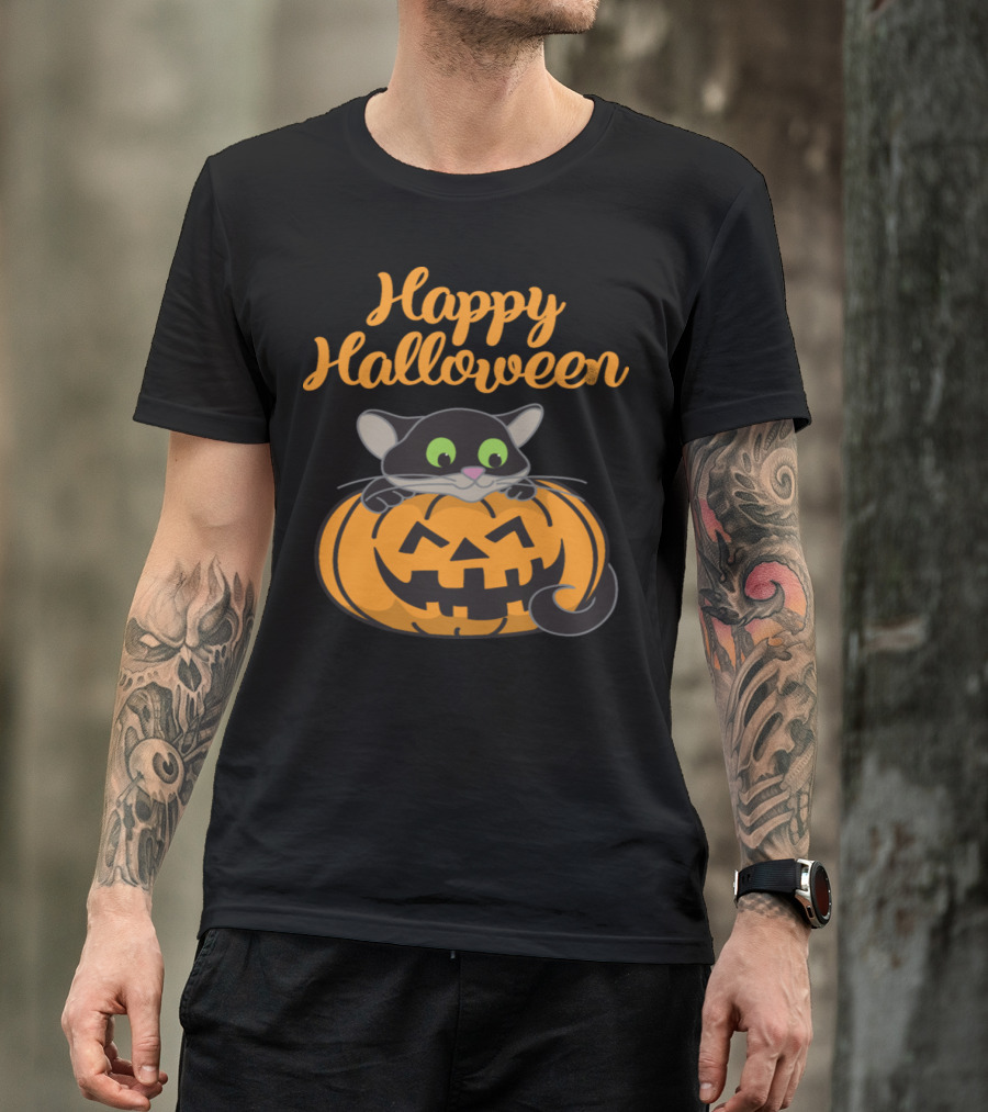 Happy Halloween Black Cat On Jack-O'-Lantern Pumpkin T-Shirt