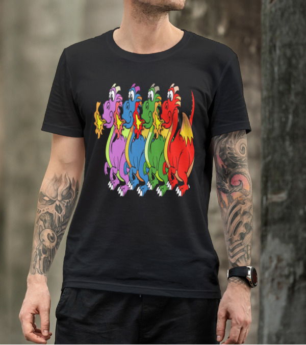 Funny Dragons Colorful Cartoon Fire-Breathing Characters T-Shirt