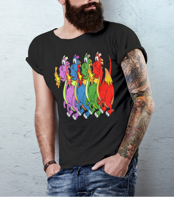 Funny Dragons Colorful Cartoon Fire-Breathing Characters T-Shirt