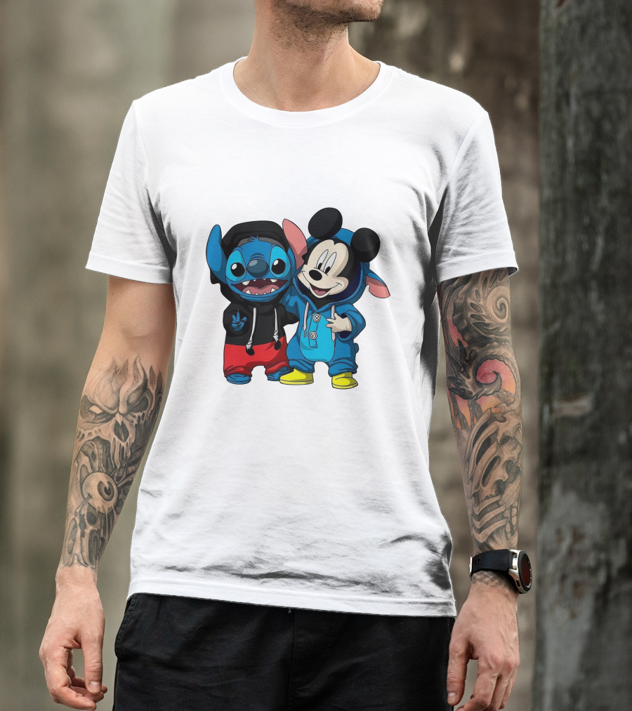 Mickey And Stitch Friendship Hoodie Cartoon Crossover T-Shirt