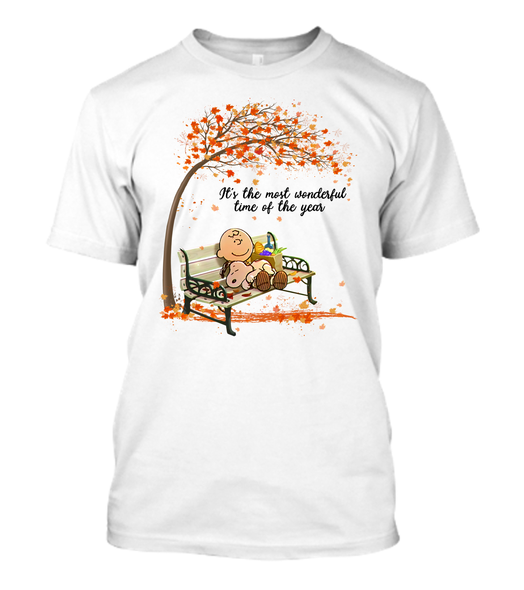 It's The Most Wonderful Time Of The Year With Charlie Brown And Snoopy Under Autumn Tree T-Shirt