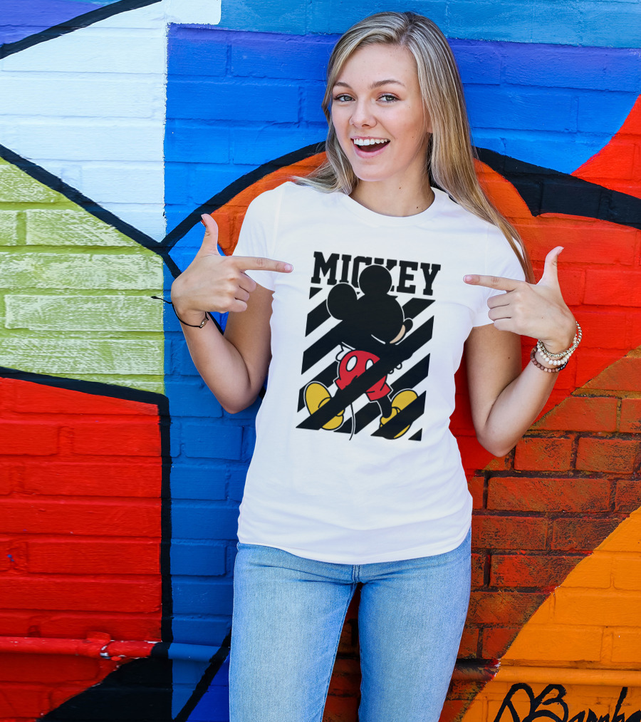 Mickey Mouse Black And White Stripes Red Yellow T-Shirt