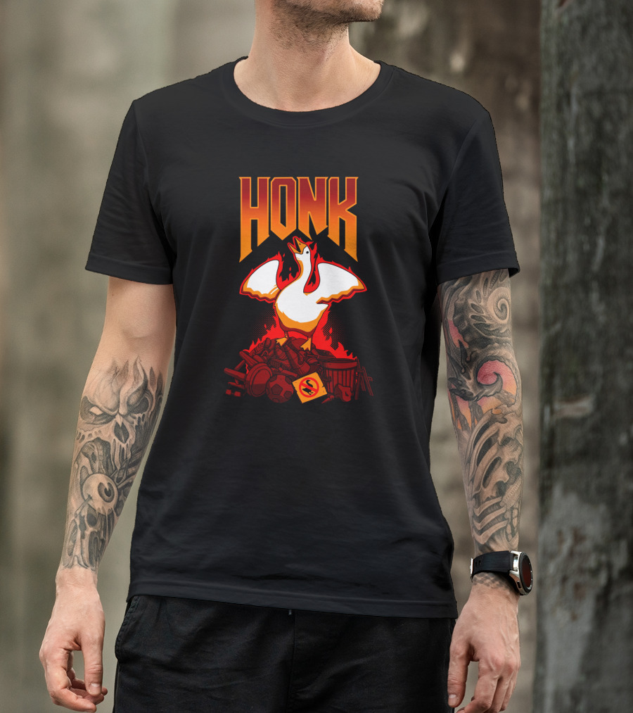 HONK Goose On Junk Pile With Flames T-Shirt