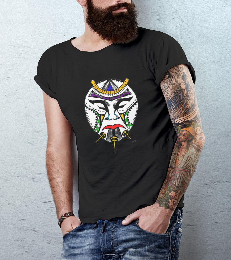 Aztec West African Mask With Geometric Patterns And Tribal Colors T-Shirt