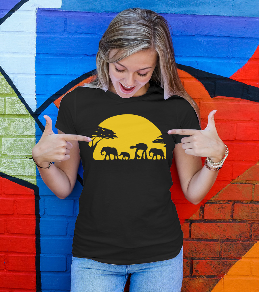 Elephants And AT-AT Walker On African Safari Silhouette Sunset T-Shirt