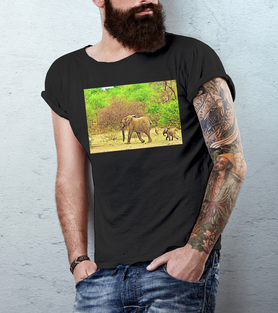 Elephant Family Stroll Through Lush Green Wilderness T-Shirt