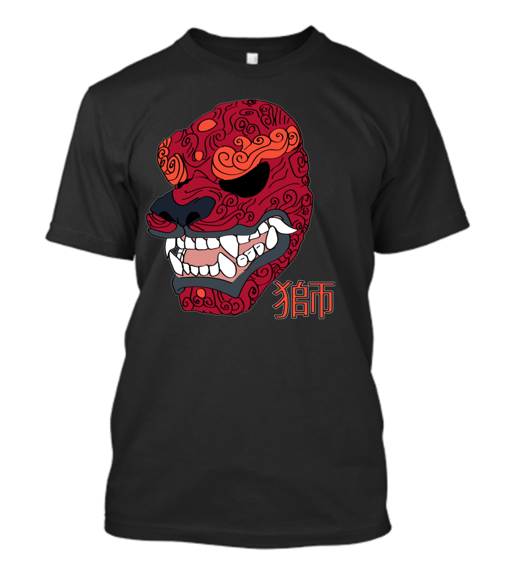 Fu Dog Red Lion Guardian With Intricate Swirl Patterns And Bold Kanji T-Shirt