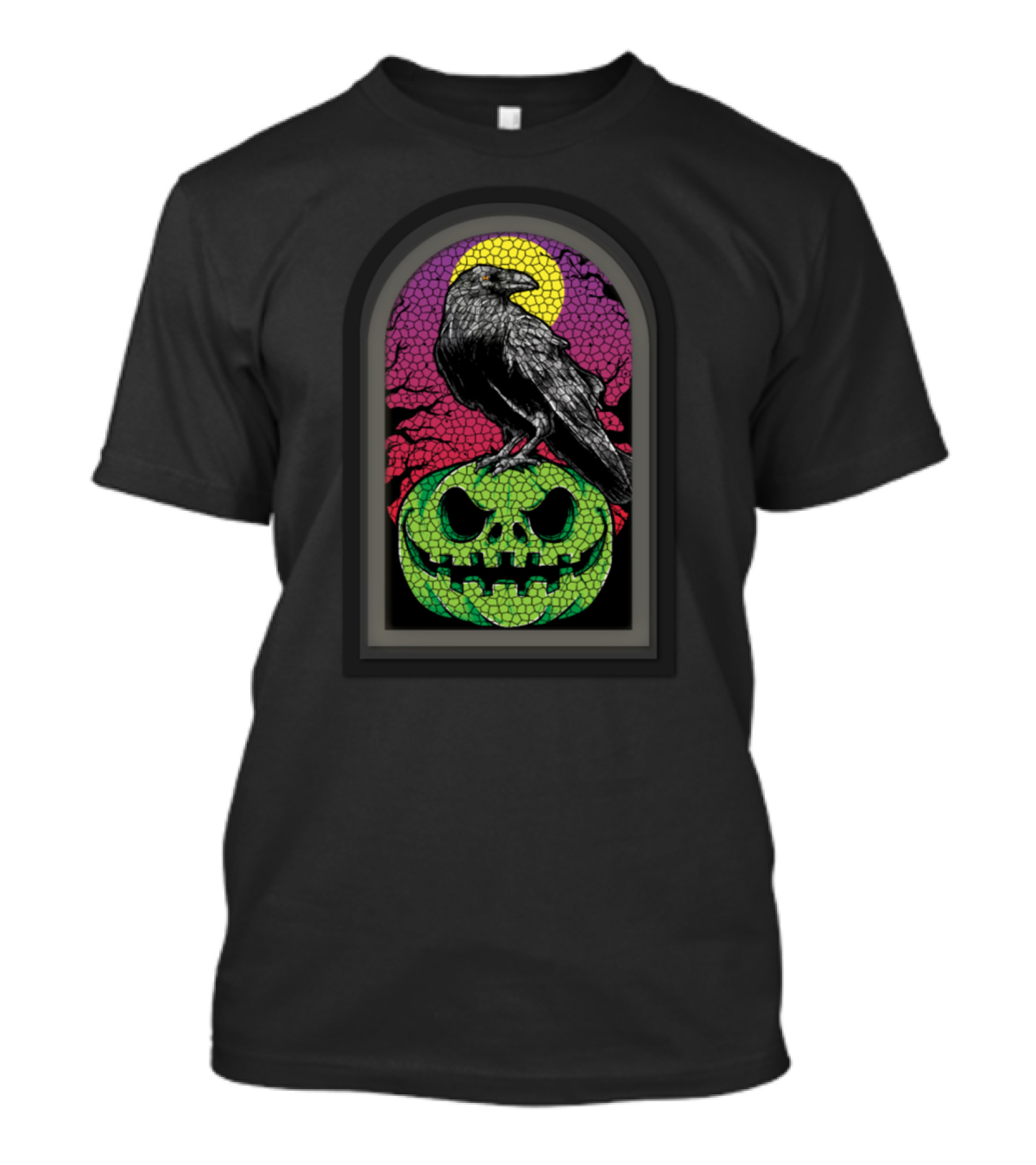 Spooky Stained Glass Halloween Pumpkin And Crow With Moon Background T-Shirt