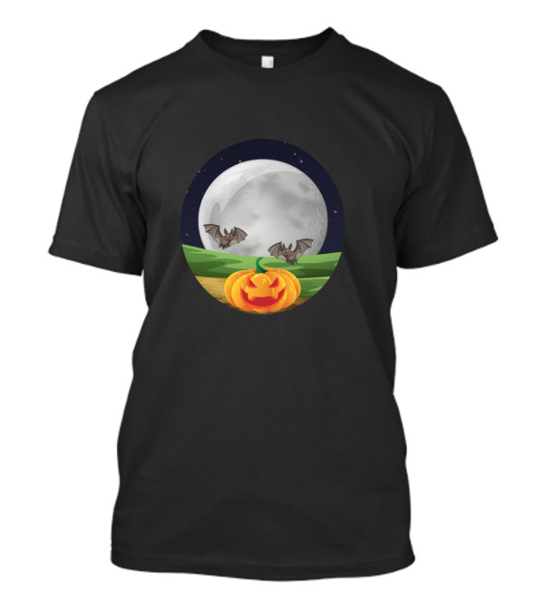Full Moon Night With Halloween Monster Pumpkin And Bats T-Shirt