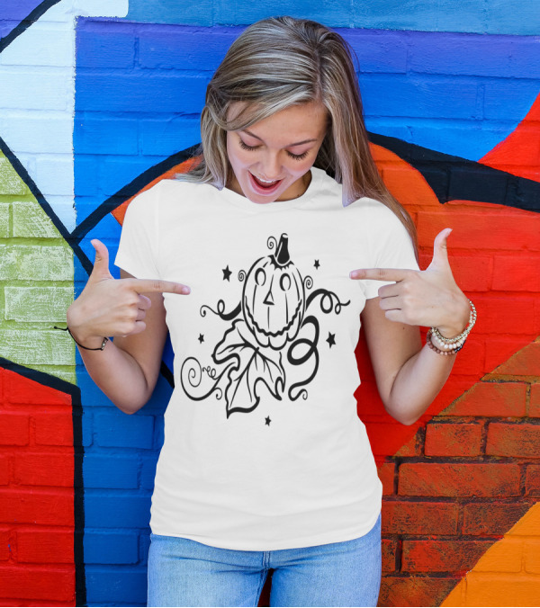 Whimsical Halloween Pumpkin With Stars And Swirling Vines T-Shirt