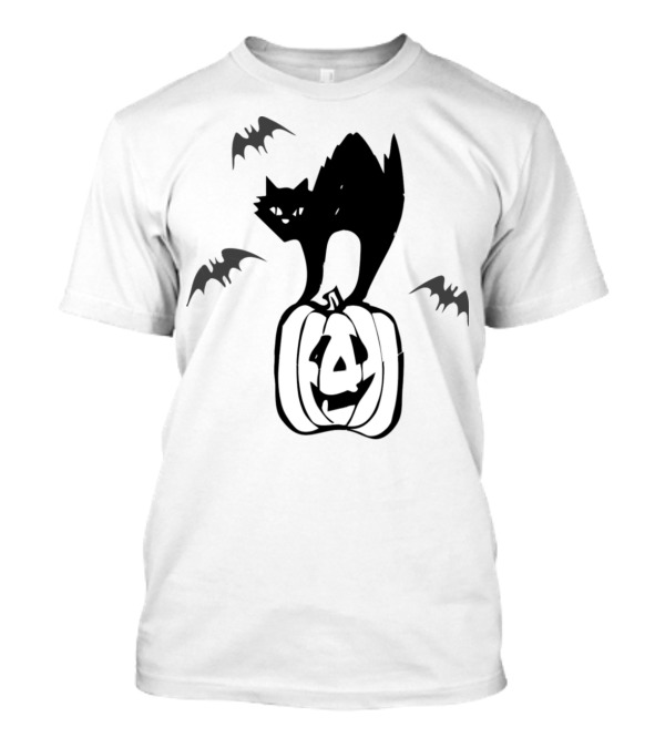 Black Cat Arched On Jack-O'-Lantern With Flying Bats Halloween T-Shirt
