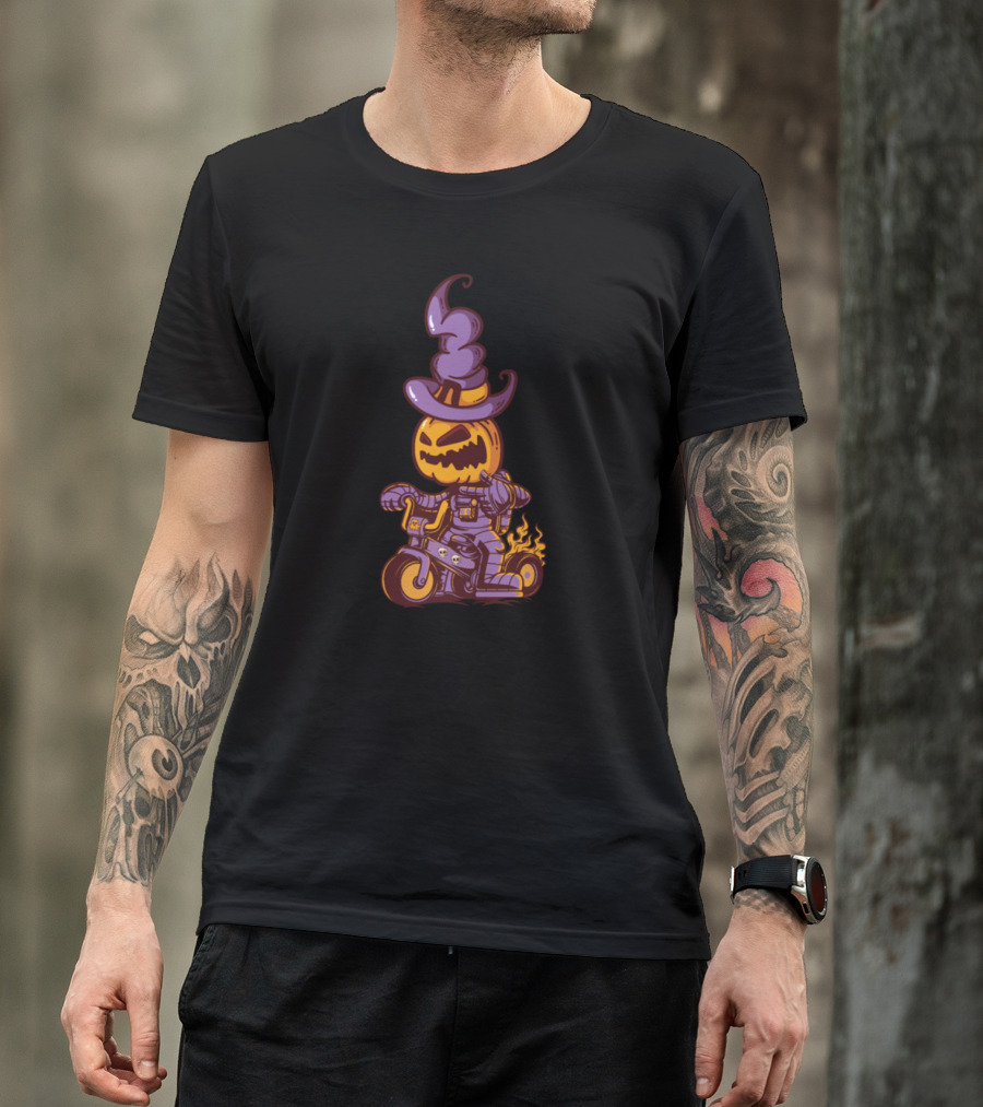 Jack-O'-Lantern Biker With Witch Hat On Fiery Motorcycle T-Shirt