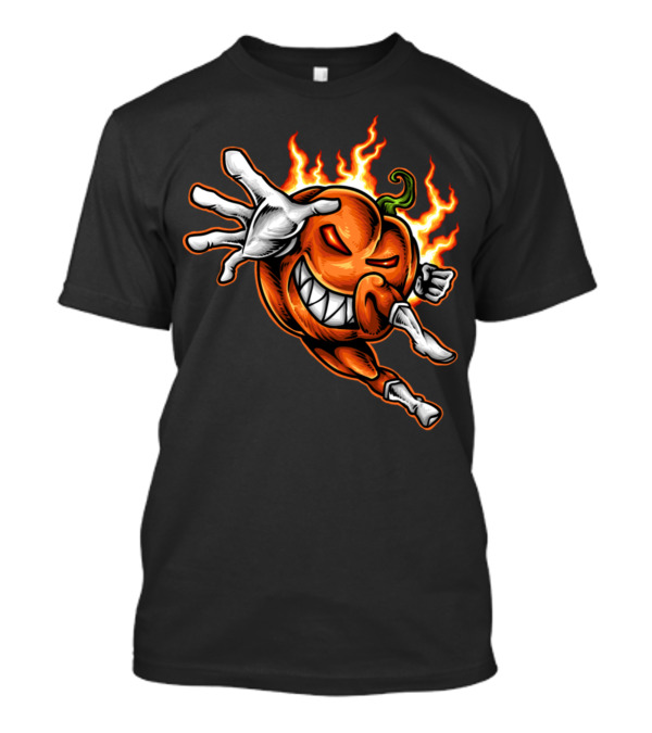 Heroic Flaming Pumpkin Superhero With Fierce Pose And Determined Expression T-Shirt