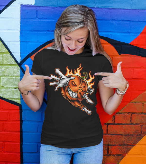 Heroic Flaming Pumpkin Superhero With Fierce Pose And Determined Expression T-Shirt