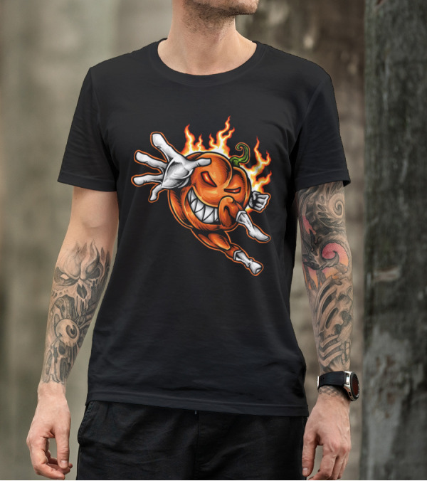 Heroic Flaming Pumpkin Superhero With Fierce Pose And Determined Expression T-Shirt
