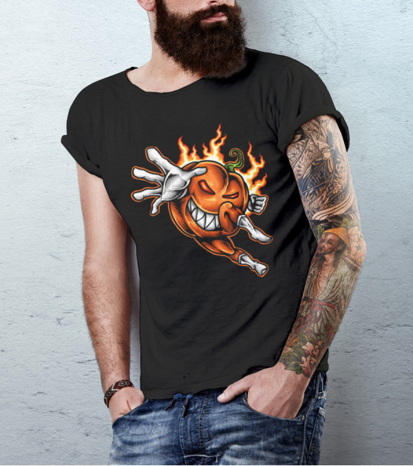 Heroic Flaming Pumpkin Superhero With Fierce Pose And Determined Expression T-Shirt