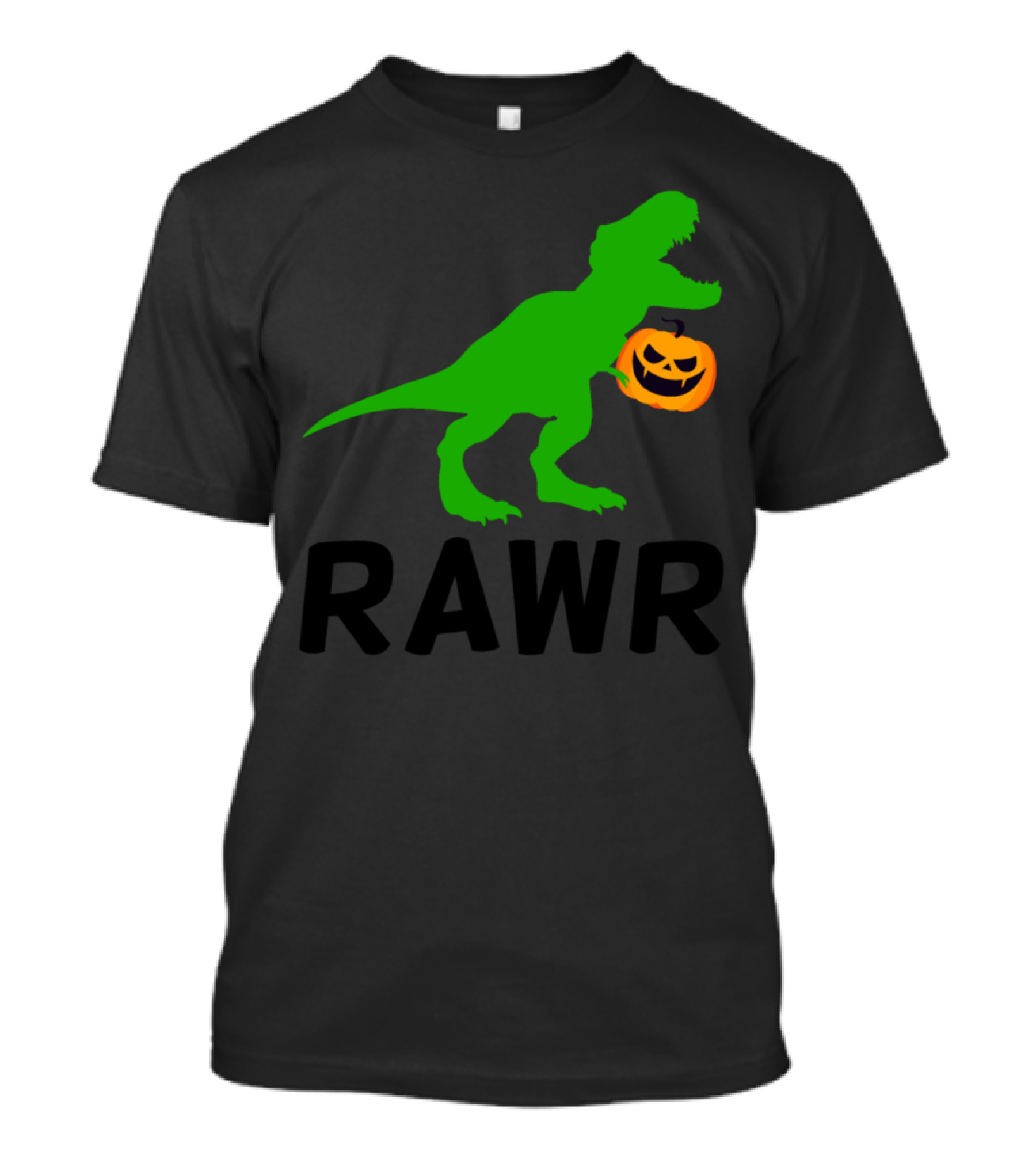 Green T-Rex Holding Jack-o'-Lantern Above Rawr Text T-Shirt