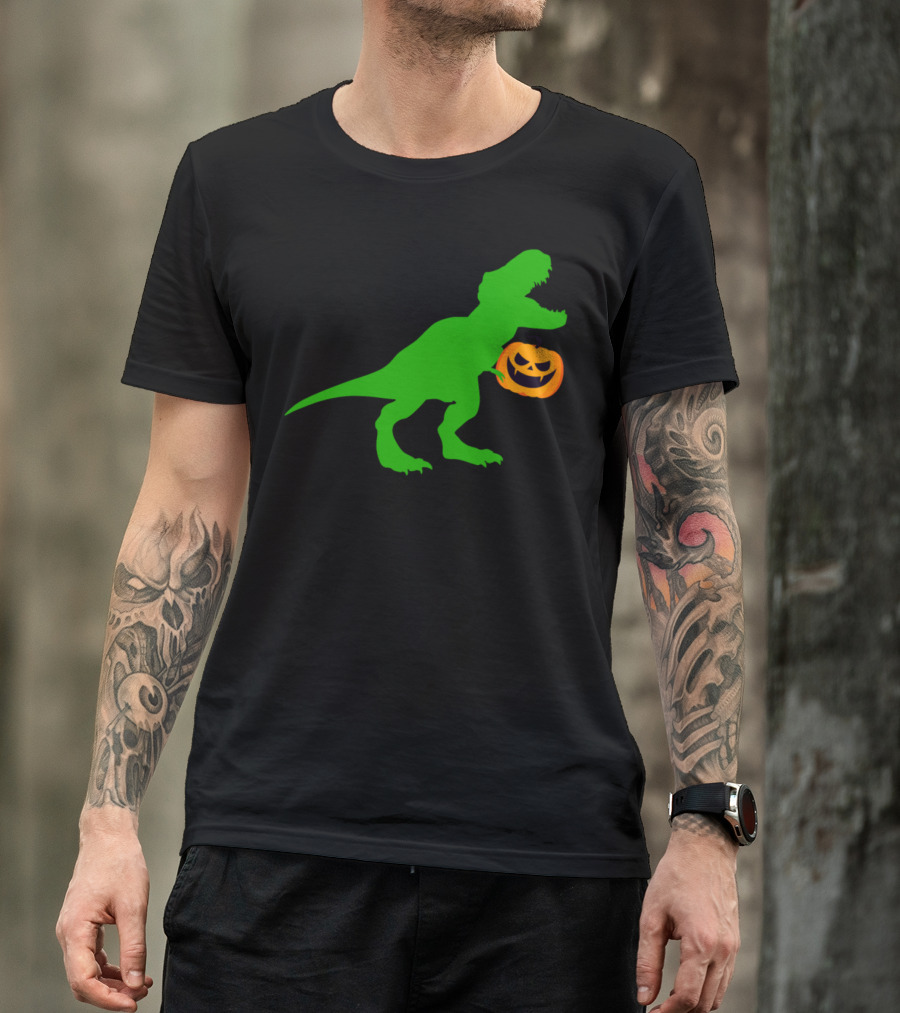 Green T-Rex Holding Jack-o'-Lantern Above Rawr Text T-Shirt