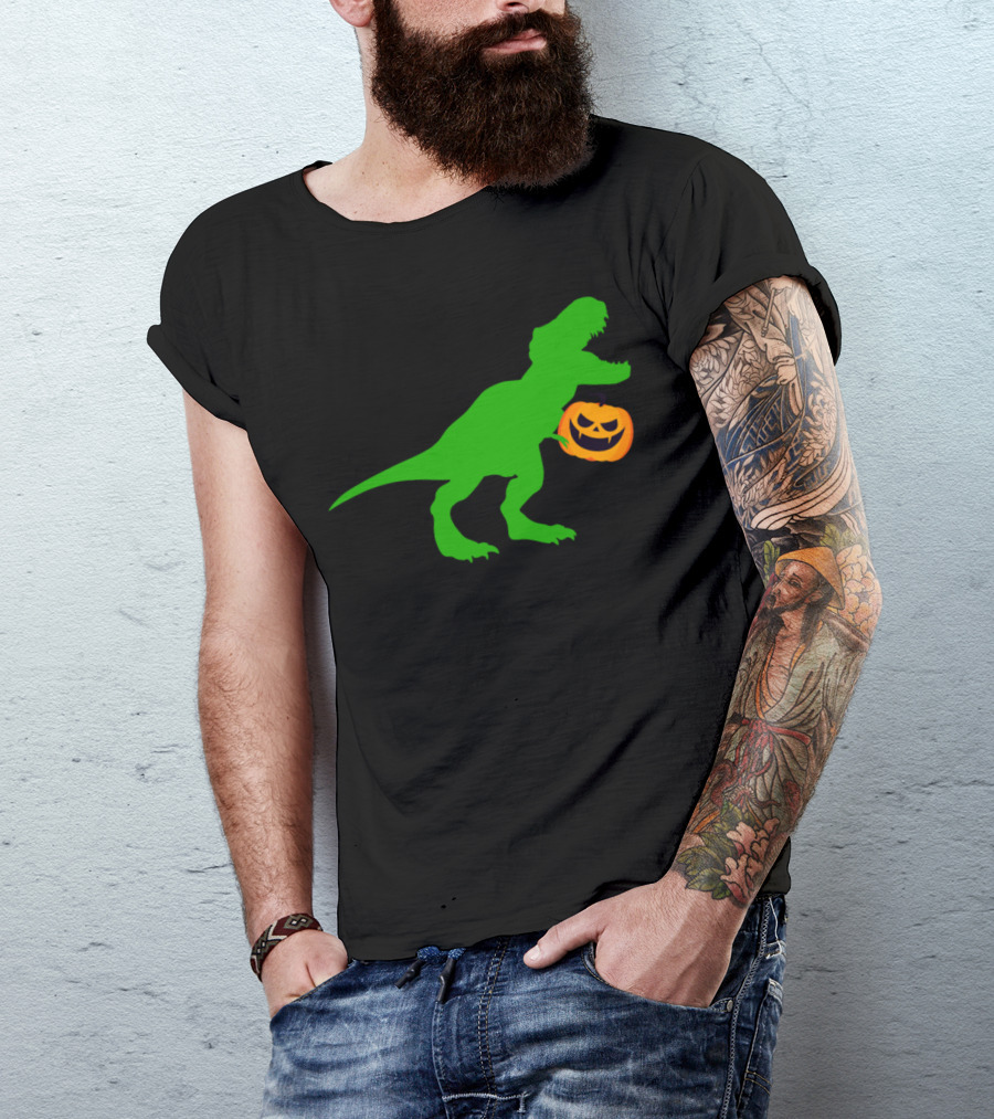 Green T-Rex Holding Jack-o'-Lantern Above Rawr Text T-Shirt