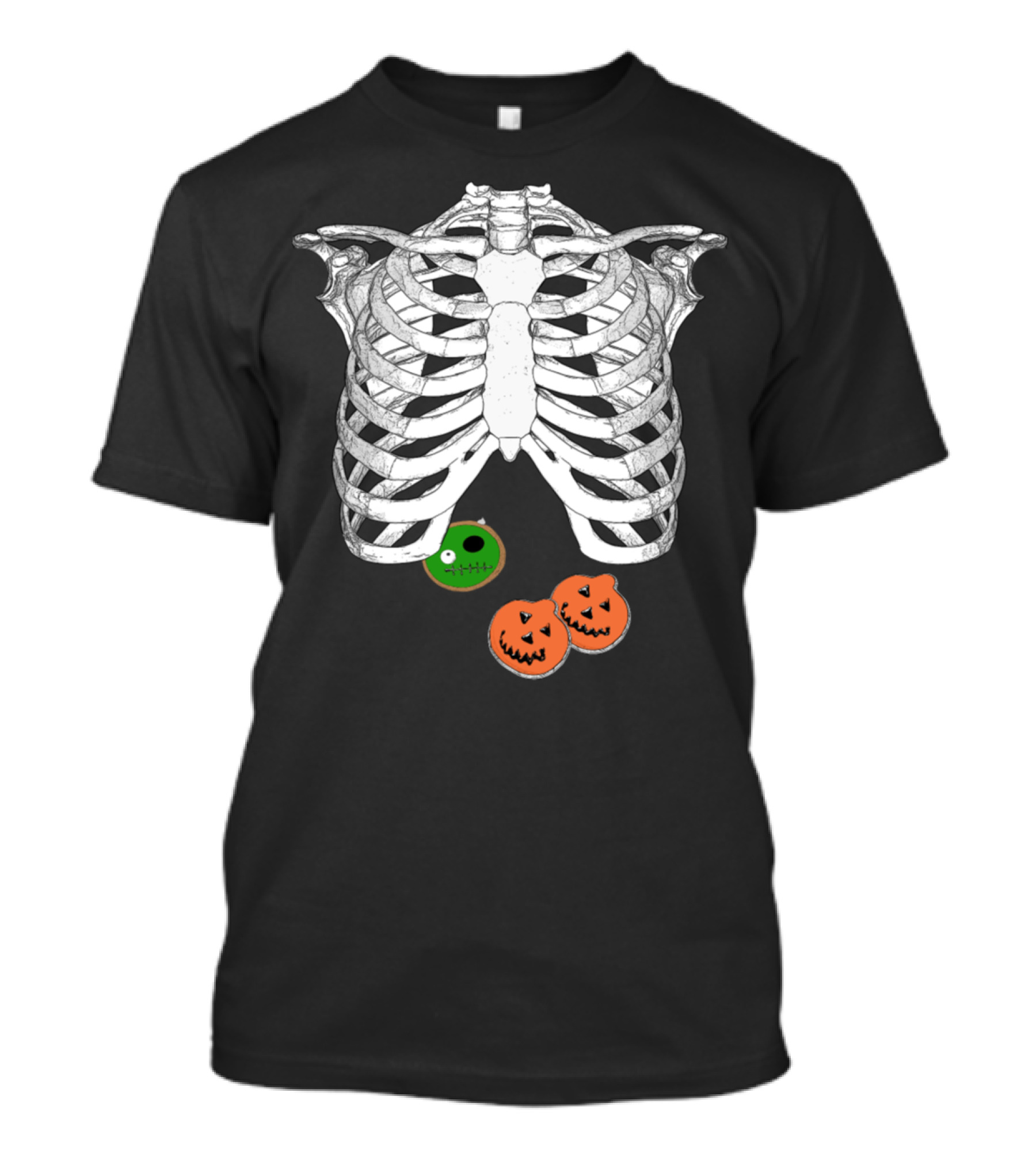 Halloween Trick O Treat Skeleton Ribcage With Green And Orange Donuts T-Shirt