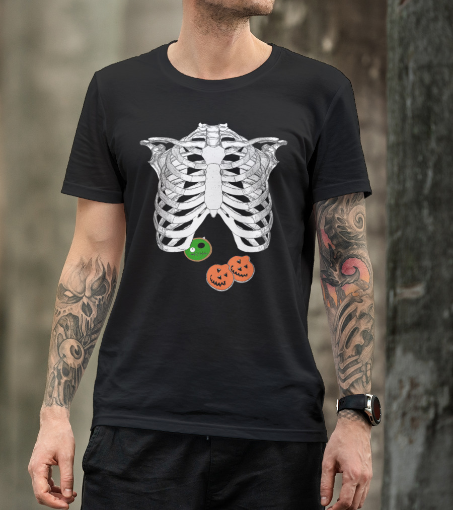 Halloween Trick O Treat Skeleton Ribcage With Green And Orange Donuts T-Shirt