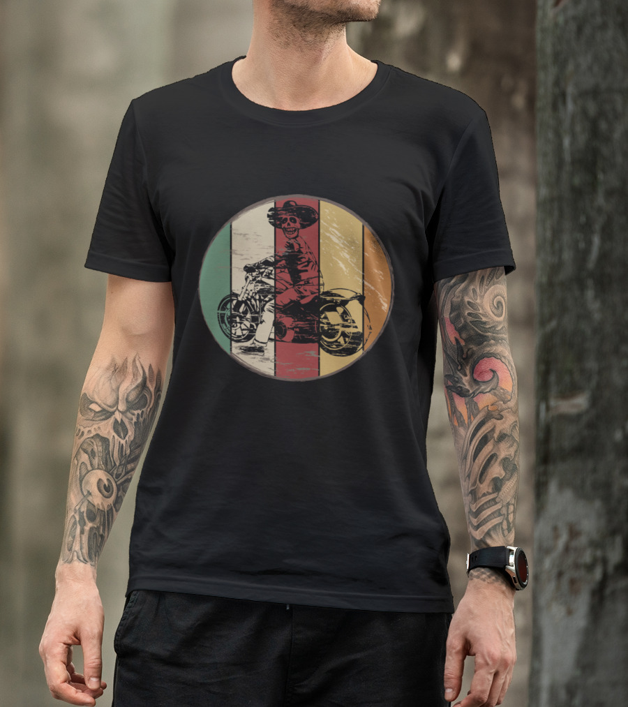 Retro Motorcycle Biker Skeleton Sombrero Vintage Bike T-Shirt