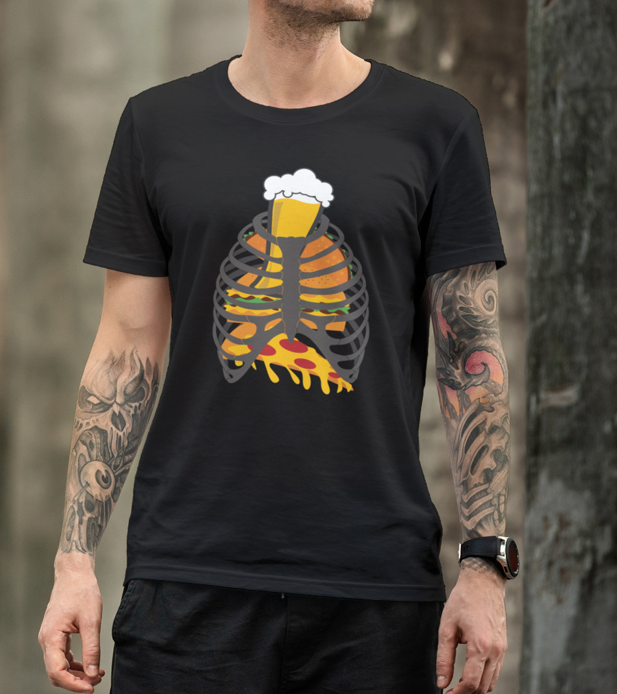 Frat Guy Skeleton Rib Cage With Beer And Pizza T-Shirt