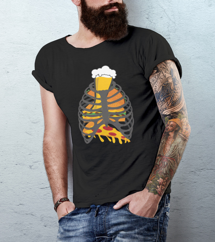 Frat Guy Skeleton Rib Cage With Beer And Pizza T-Shirt