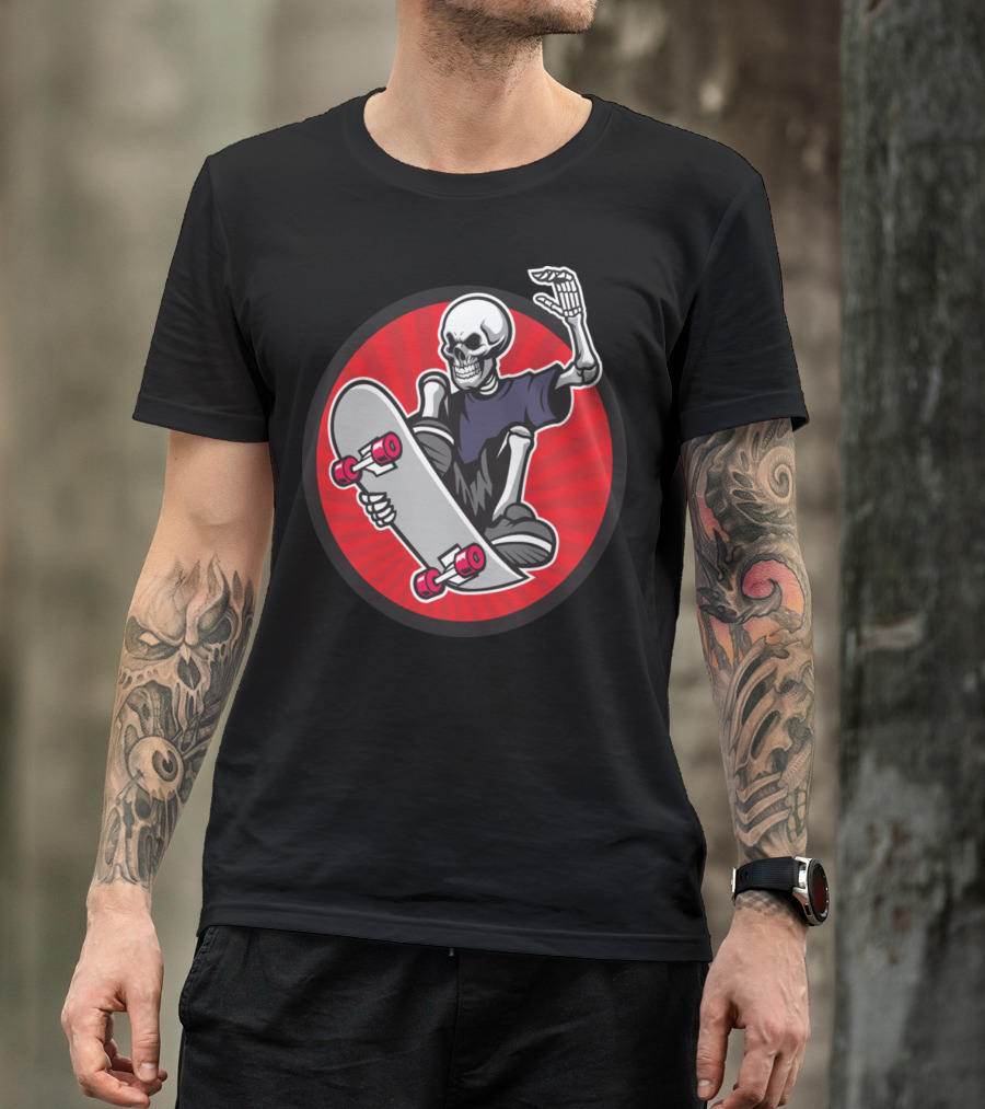 Skeleton Skateboarder Trick Red Circle T-Shirt