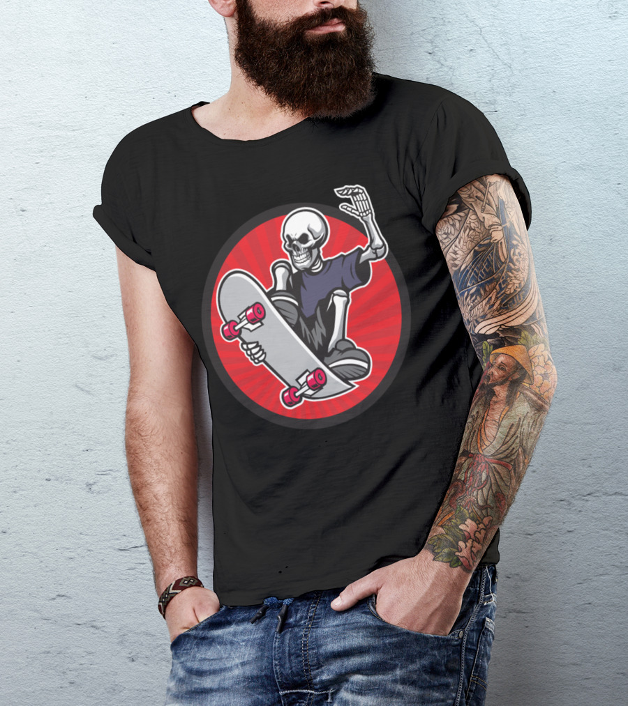 Skeleton Skateboarder Trick Red Circle T-Shirt