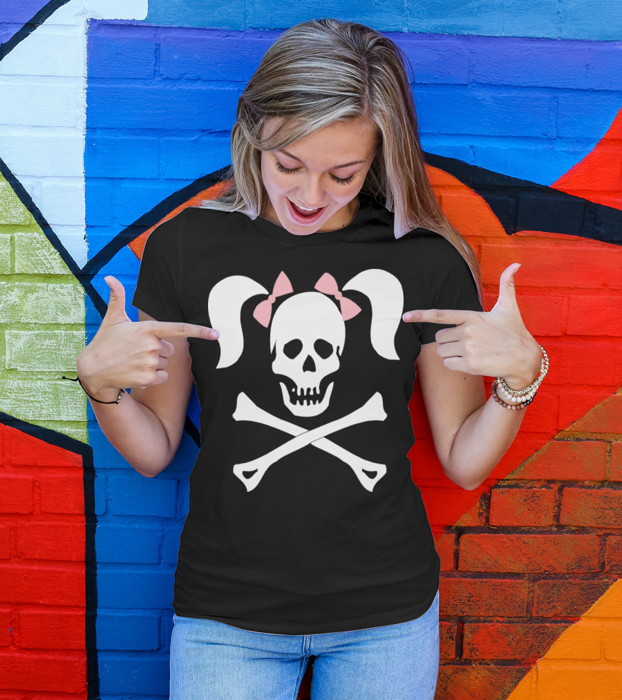 Skull Crossbones Pink Pigtails Bow T-Shirt