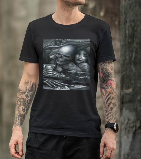 Skull And Cards Embrace In Love With The Game T-Shirt